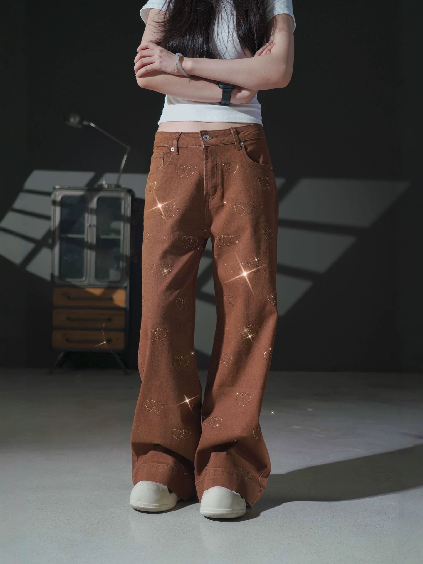 Women's Heart Print Wide Leg Jeans