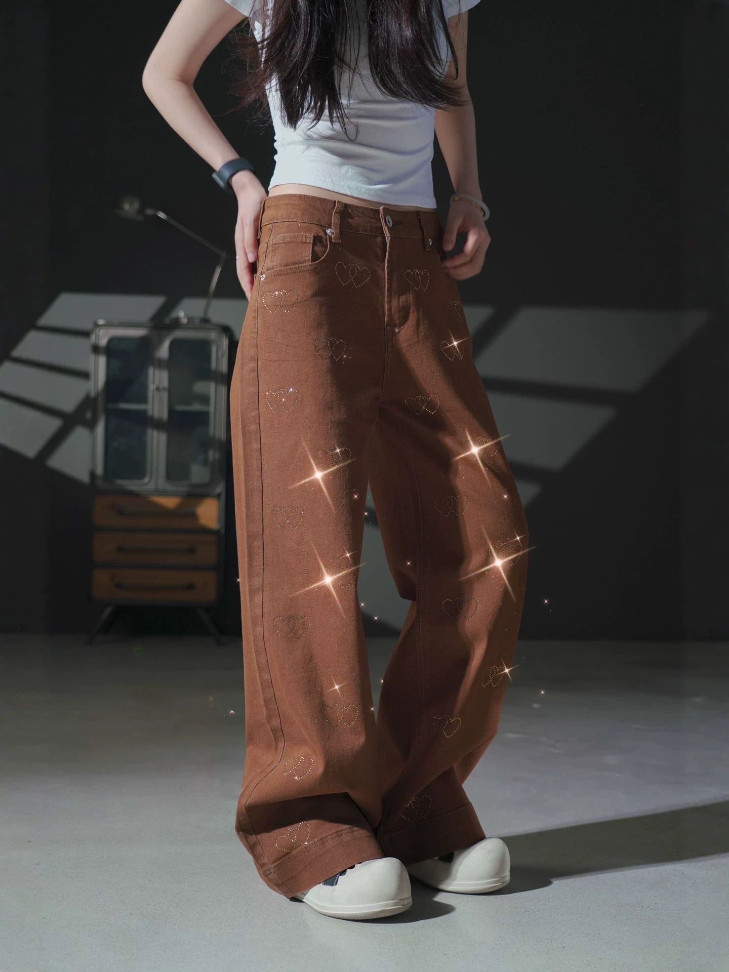 Women's Heart Print Wide Leg Jeans