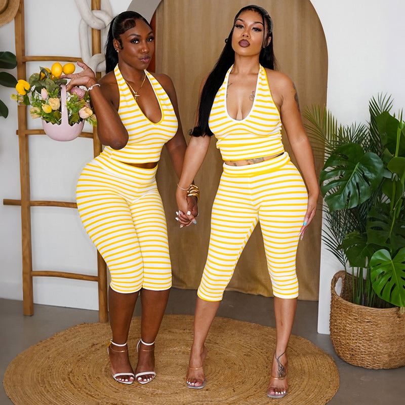 Women's Striped Halter Capri Set