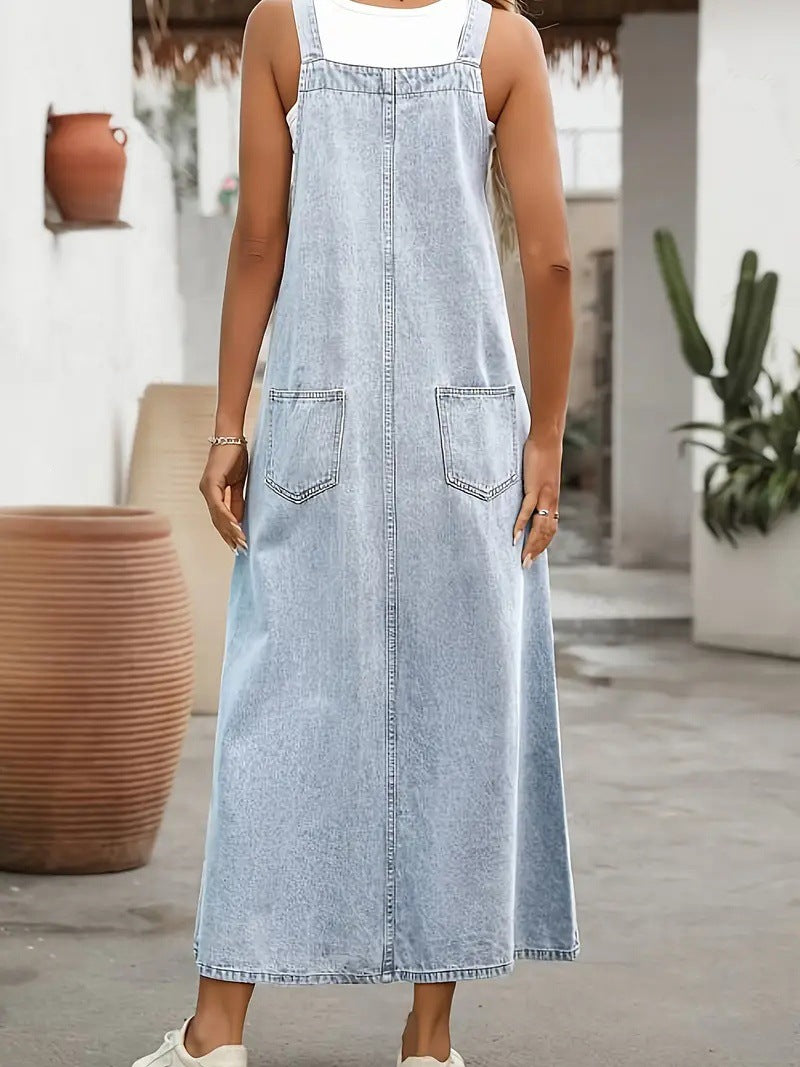 Women's Washed Denim Overall Maxi Dress