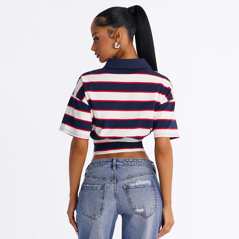 Women's Striped Cropped Polo Shirt
