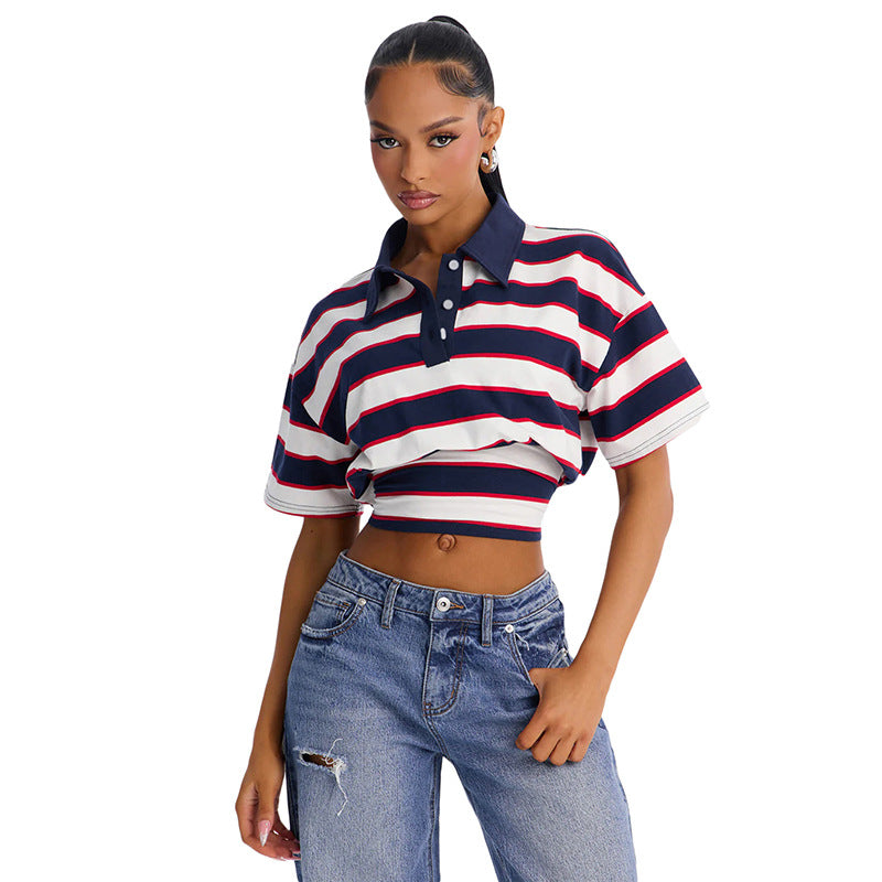 Women's Striped Cropped Polo Shirt