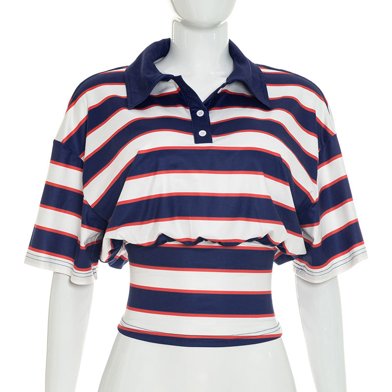 Women's Striped Cropped Polo Shirt
