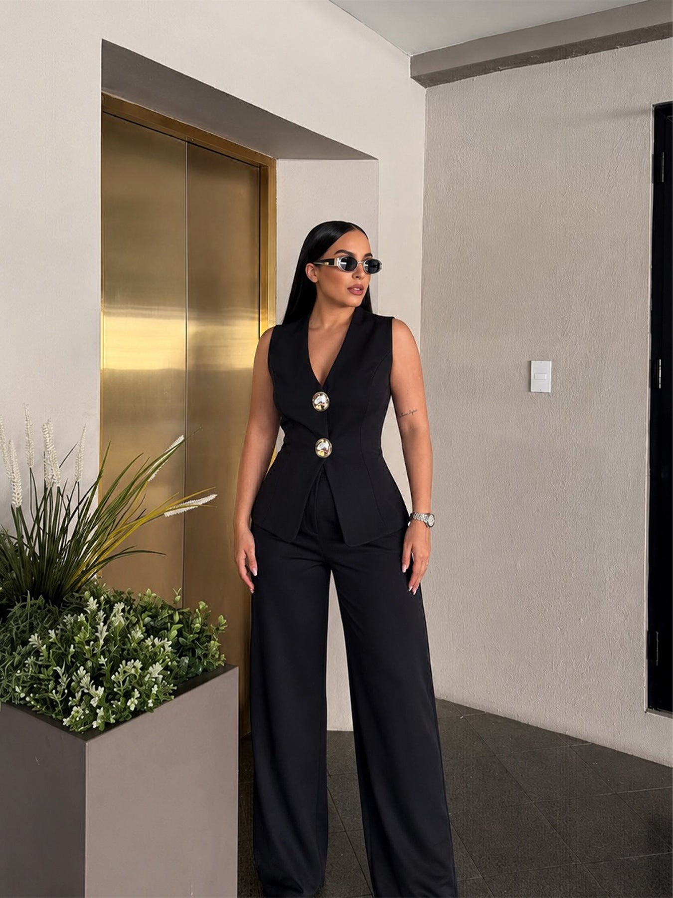 Sleeveless Vest & Wide Leg Pants Set