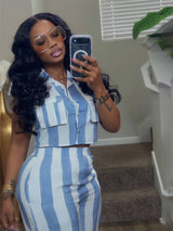 Striped Crop Top & Wide Leg Pants Set