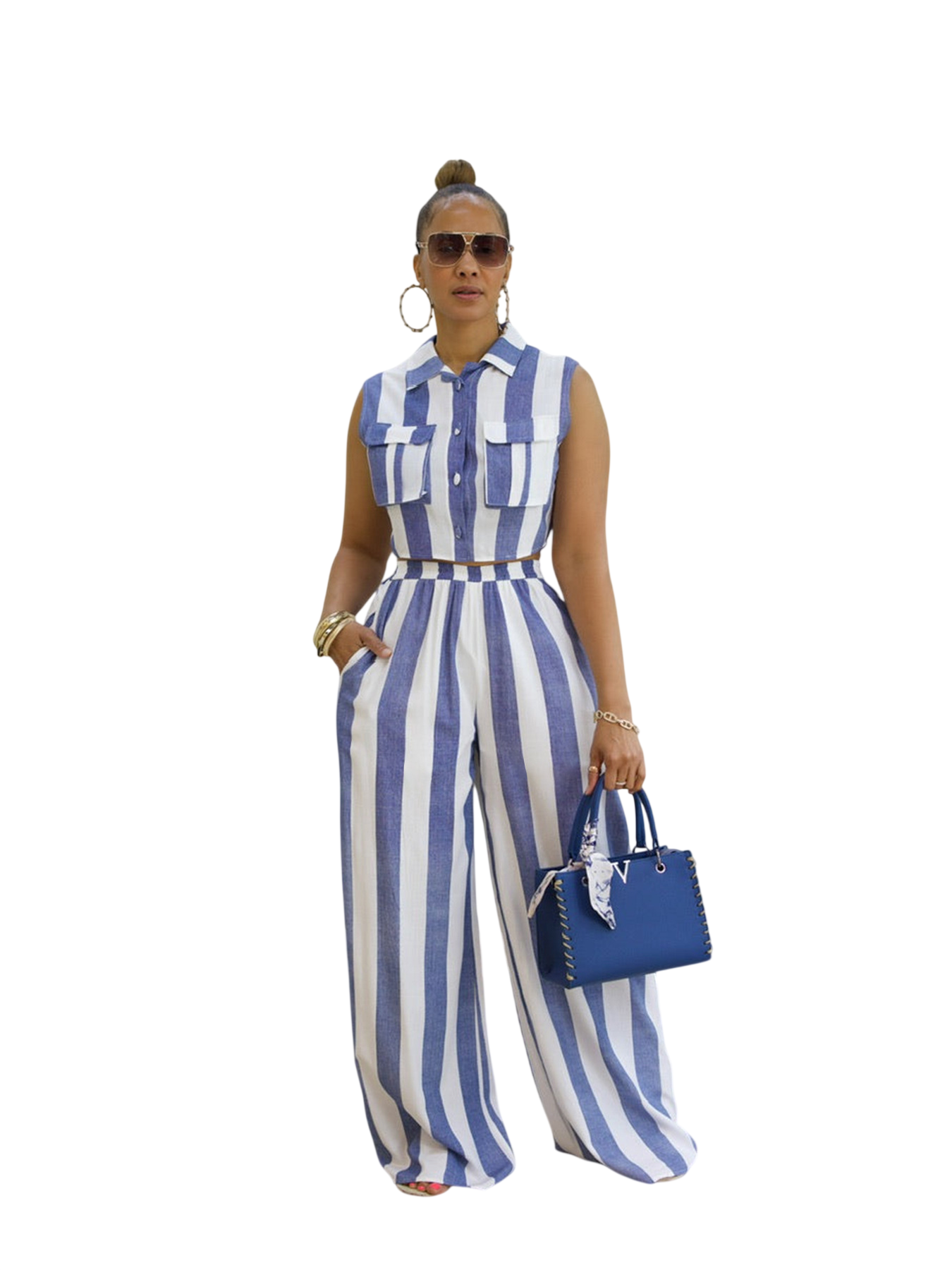 Striped Crop Top & Wide Leg Pants Set