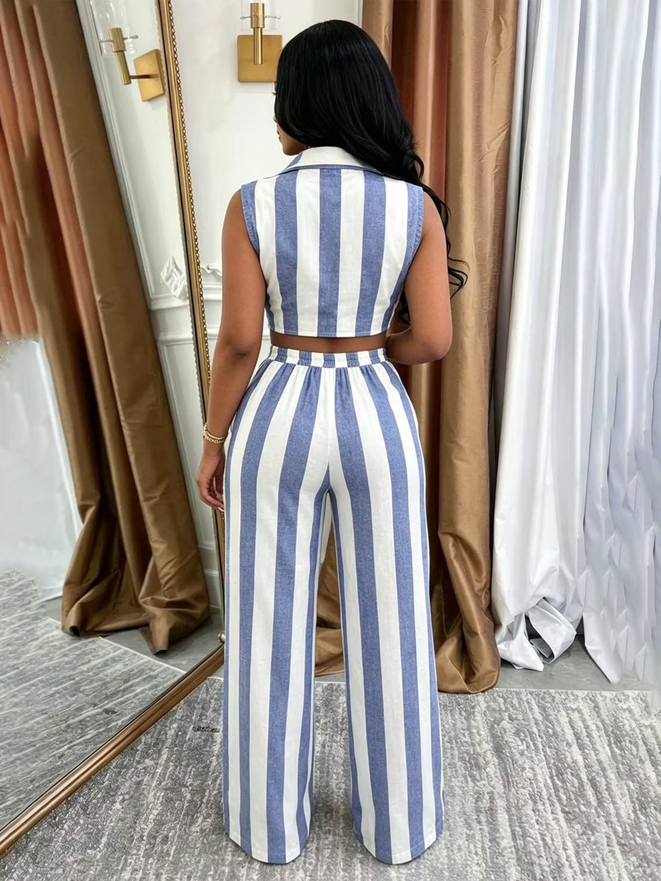Striped Crop Top & Wide Leg Pants Set