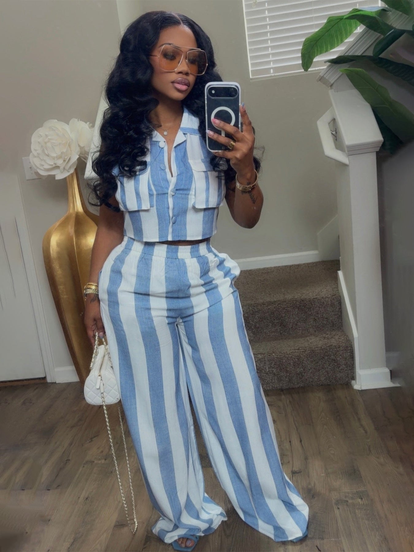 Striped Crop Top & Wide Leg Pants Set