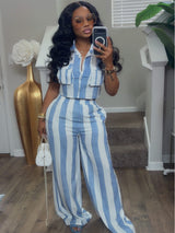Striped Crop Top & Wide Leg Pants Set
