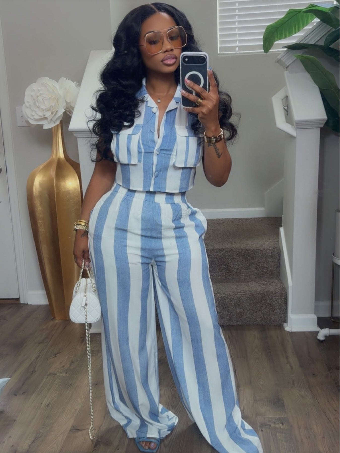 Striped Crop Top & Wide Leg Pants Set