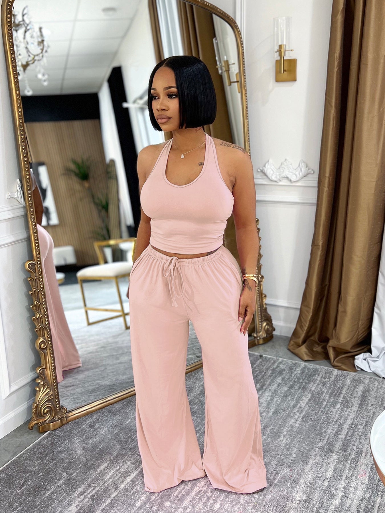 Halter Crop Top & Wide Leg Pants Set