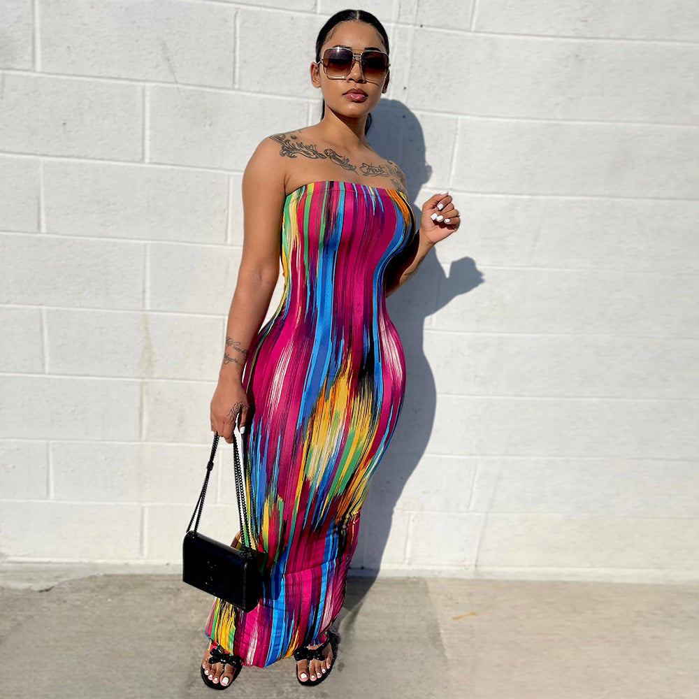Abstract Print Strapless Maxi Dress