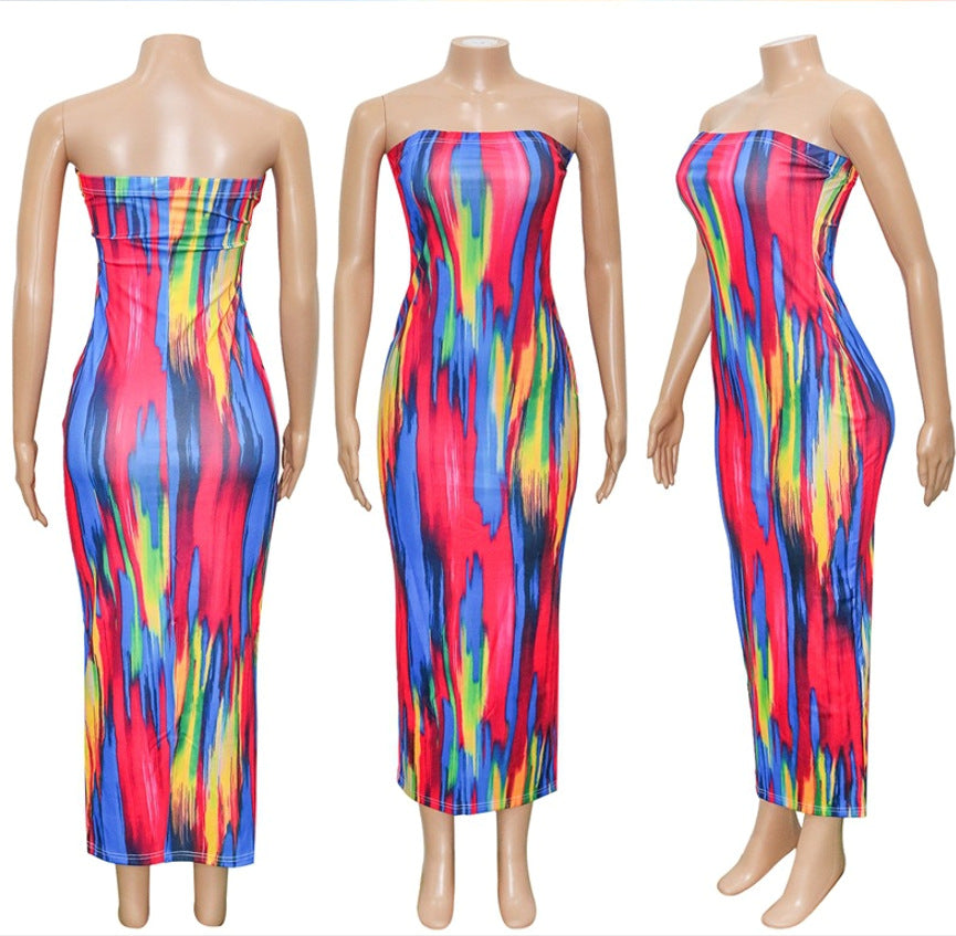 Abstract Print Strapless Maxi Dress