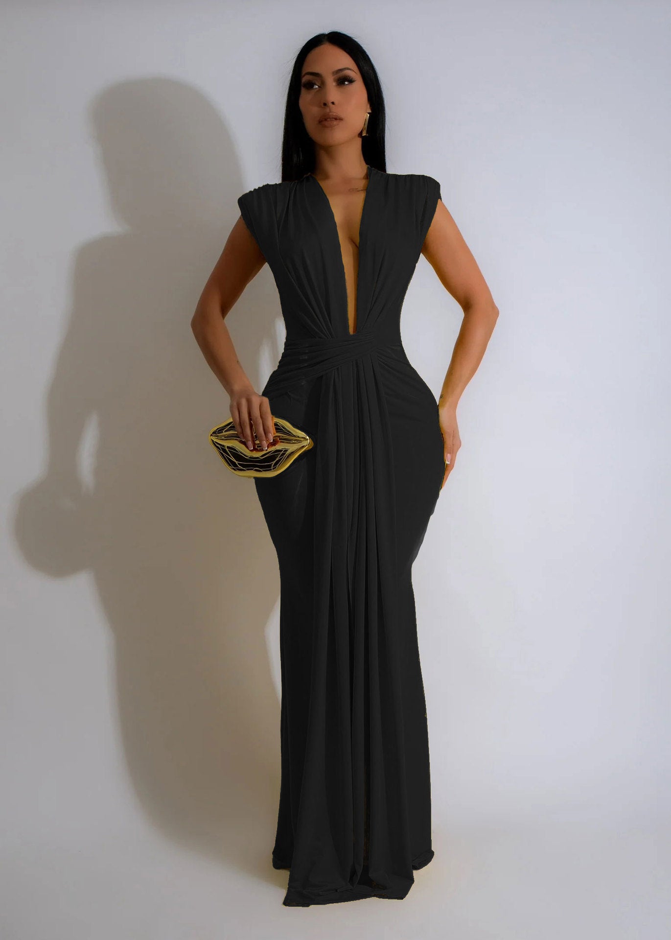 Plunge Draped Maxi Evening Dress