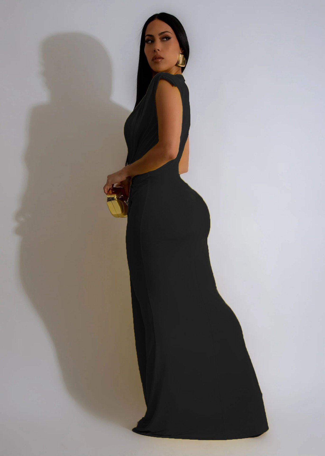 Plunge Draped Maxi Evening Dress