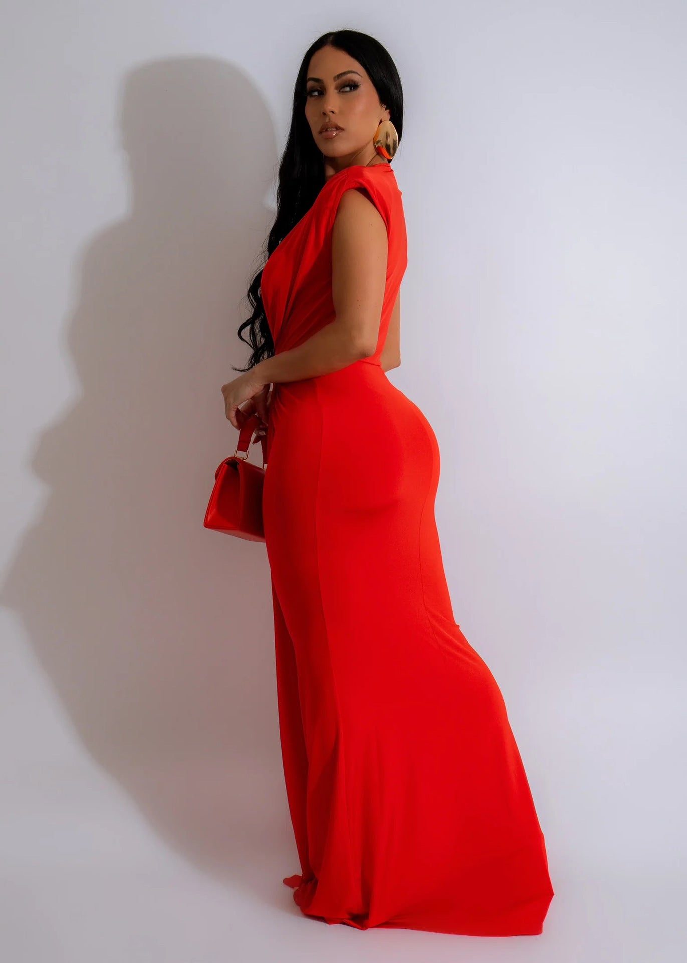 Plunge Draped Maxi Evening Dress