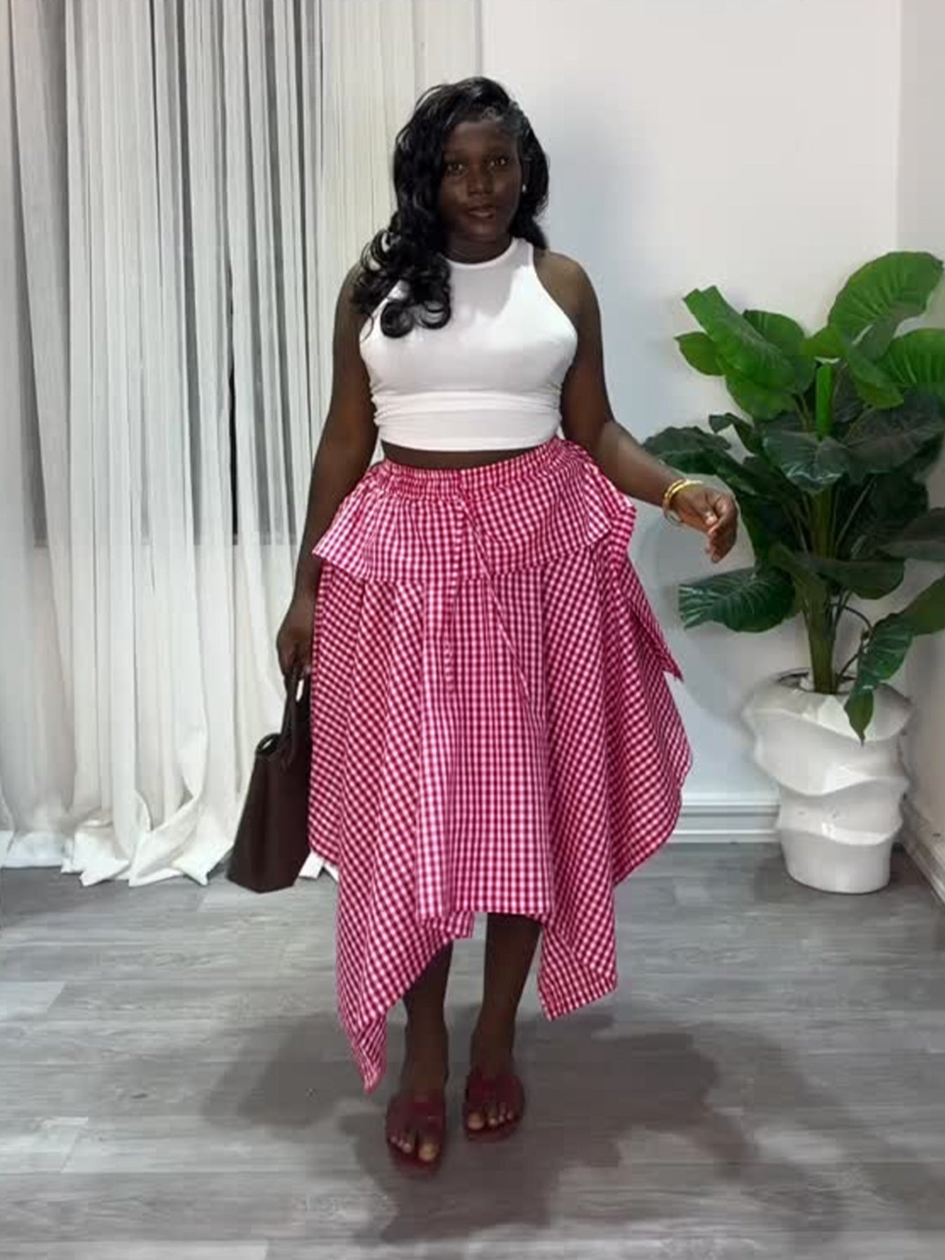 Gingham High Low Ruffle Skirt