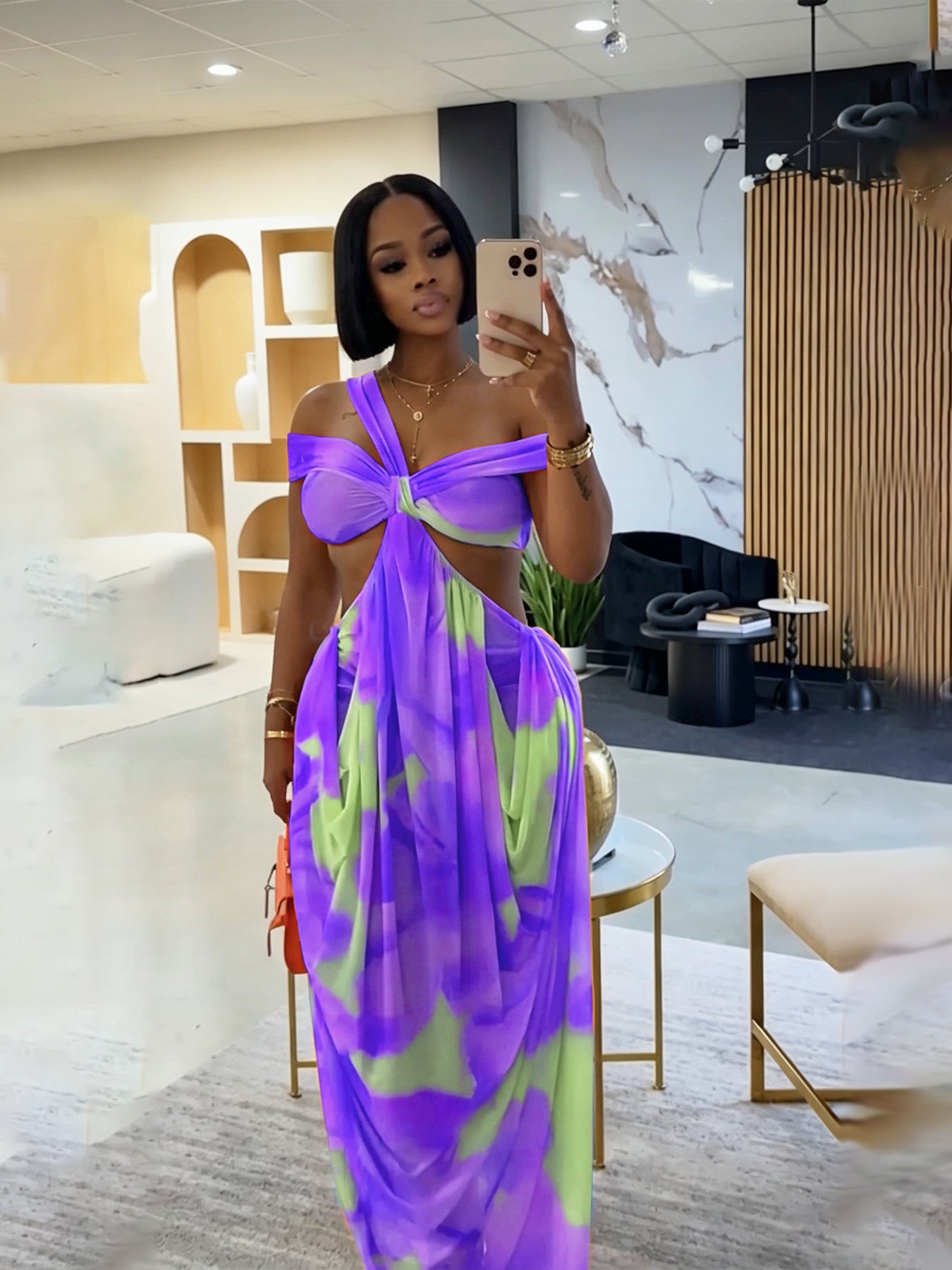 Tie Dye Cut Out Draped Midi Dress