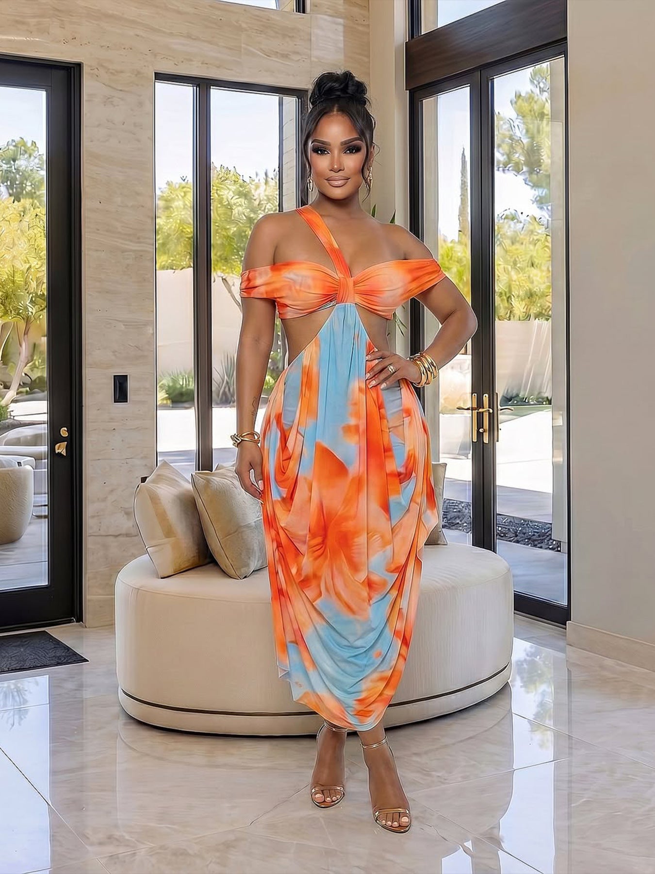 Tie Dye Cut Out Draped Midi Dress