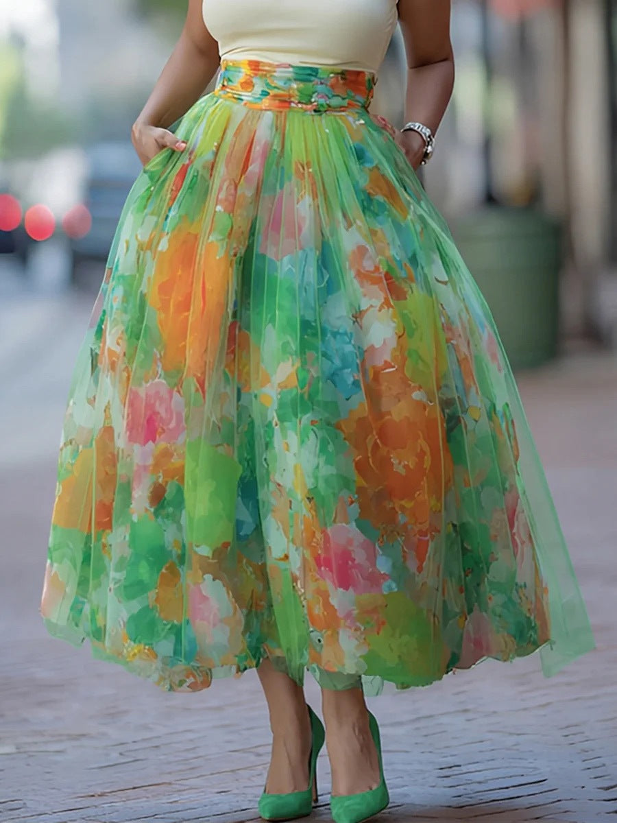 Women's Floral Pleated Maxi Skirt
