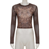 Women's Mesh Graphic Long Sleeve Crop Top