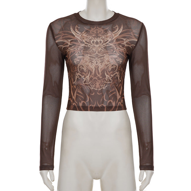 Women's Mesh Graphic Long Sleeve Crop Top