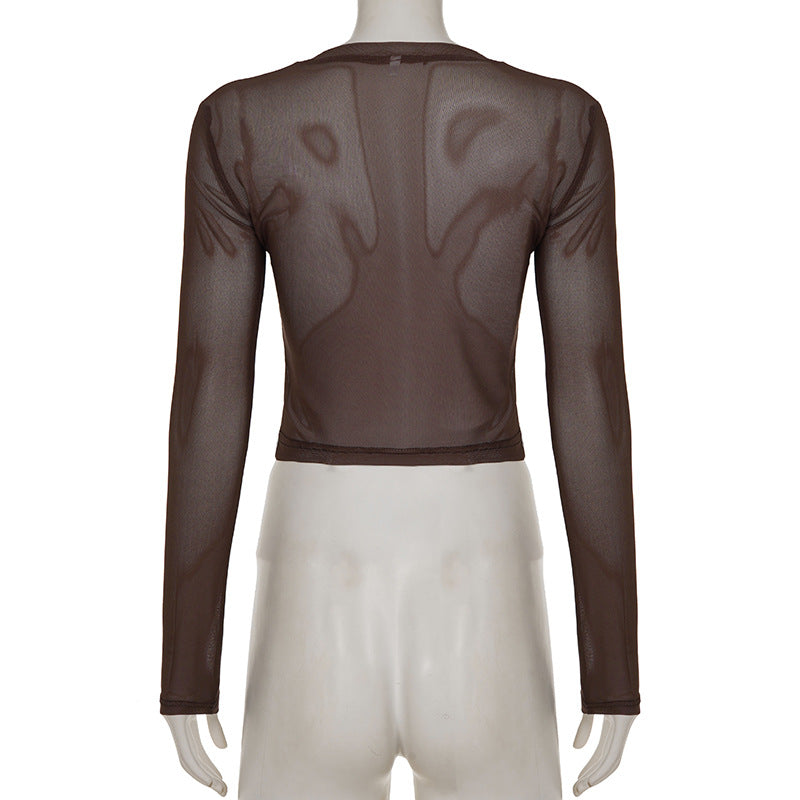 Women's Mesh Graphic Long Sleeve Crop Top