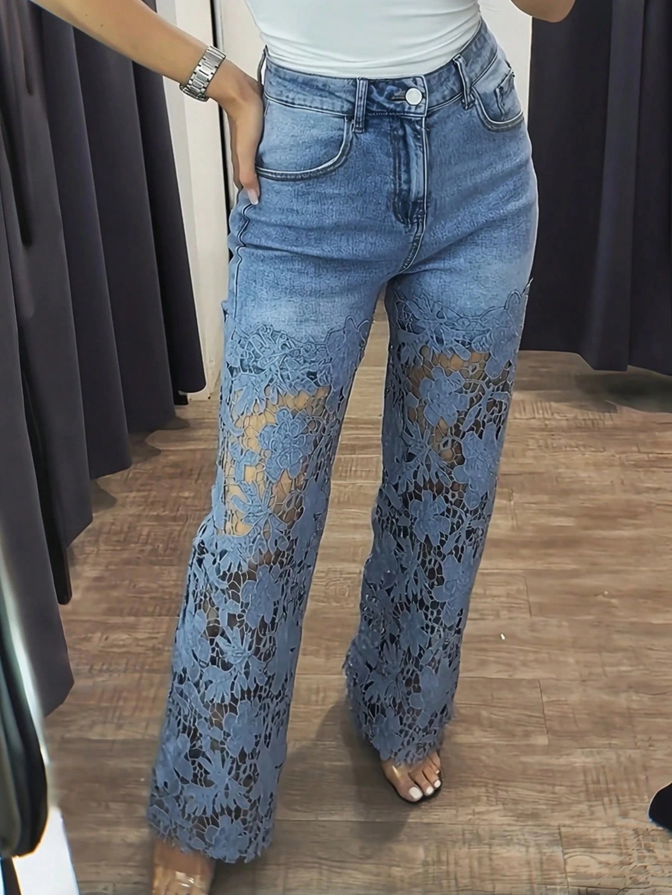 Women's Lace Panel Wide Leg Jeans