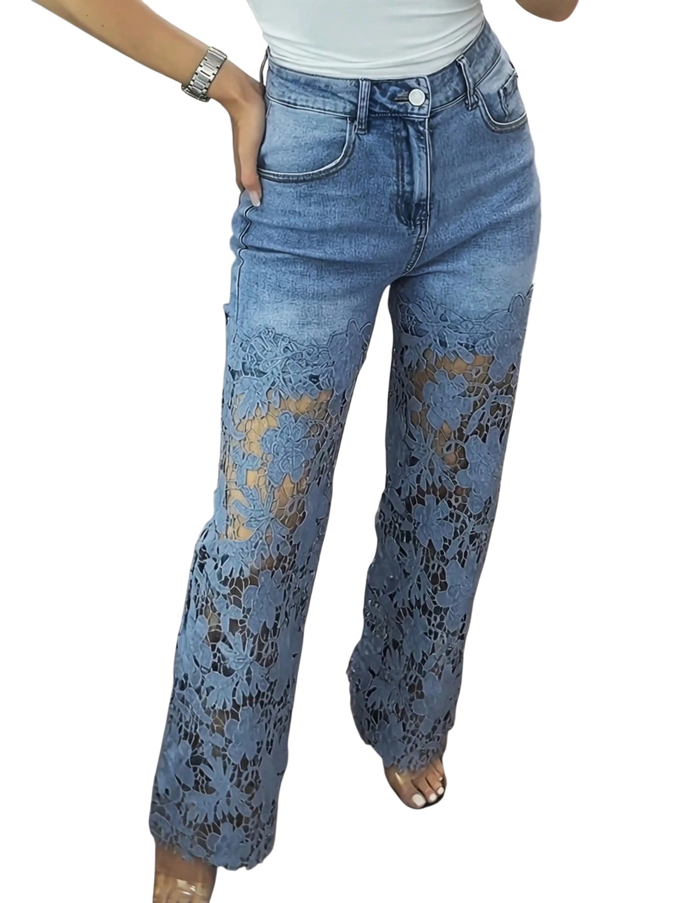 Women's Lace Panel Wide Leg Jeans
