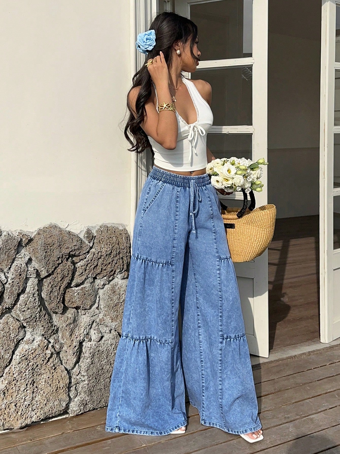 Women's Drawstring Wide Leg Jeans