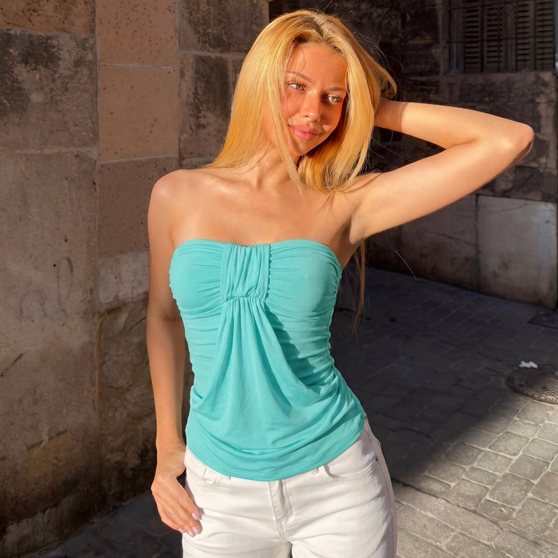 Women's Strapless Ruched Mesh Tube Top