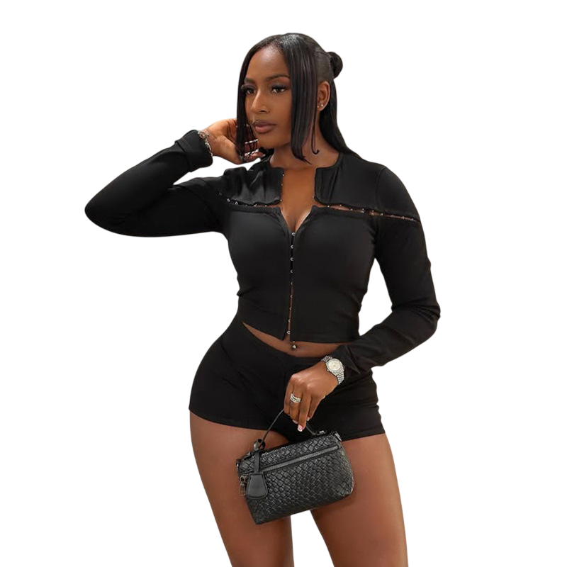 Women's Cutout Long Sleeve Shorts Set