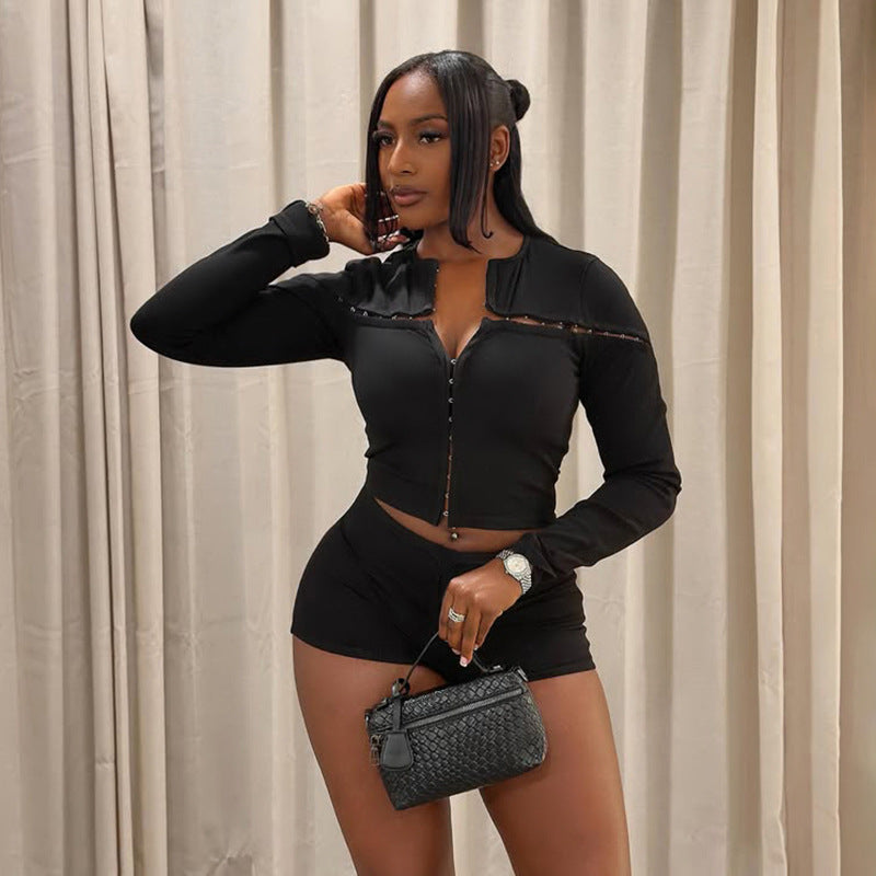Women's Cutout Long Sleeve Shorts Set