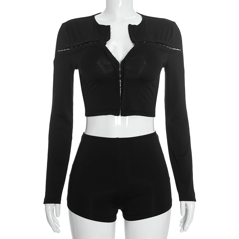 Women's Cutout Long Sleeve Shorts Set