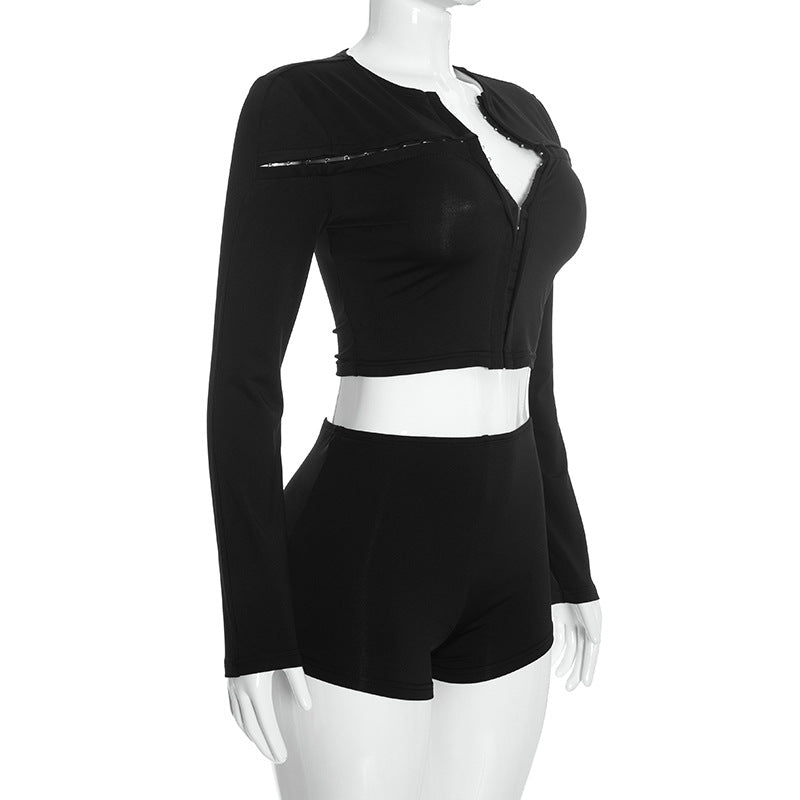Women's Cutout Long Sleeve Shorts Set