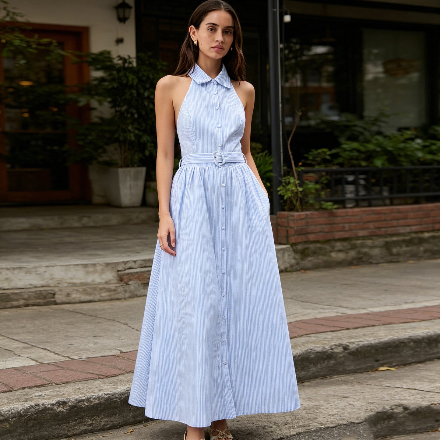 Women's Striped Halter Maxi Shirt Dress