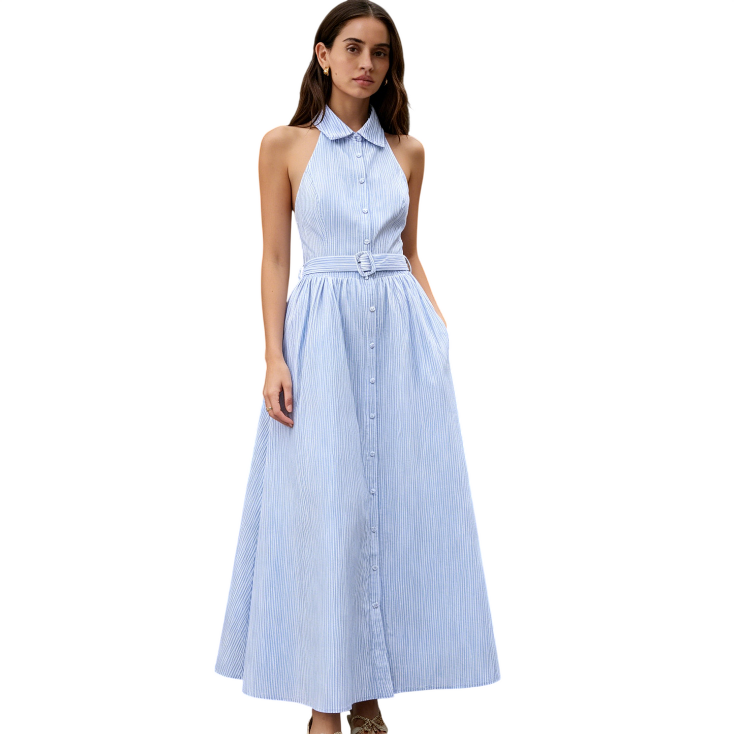 Women's Striped Halter Maxi Shirt Dress