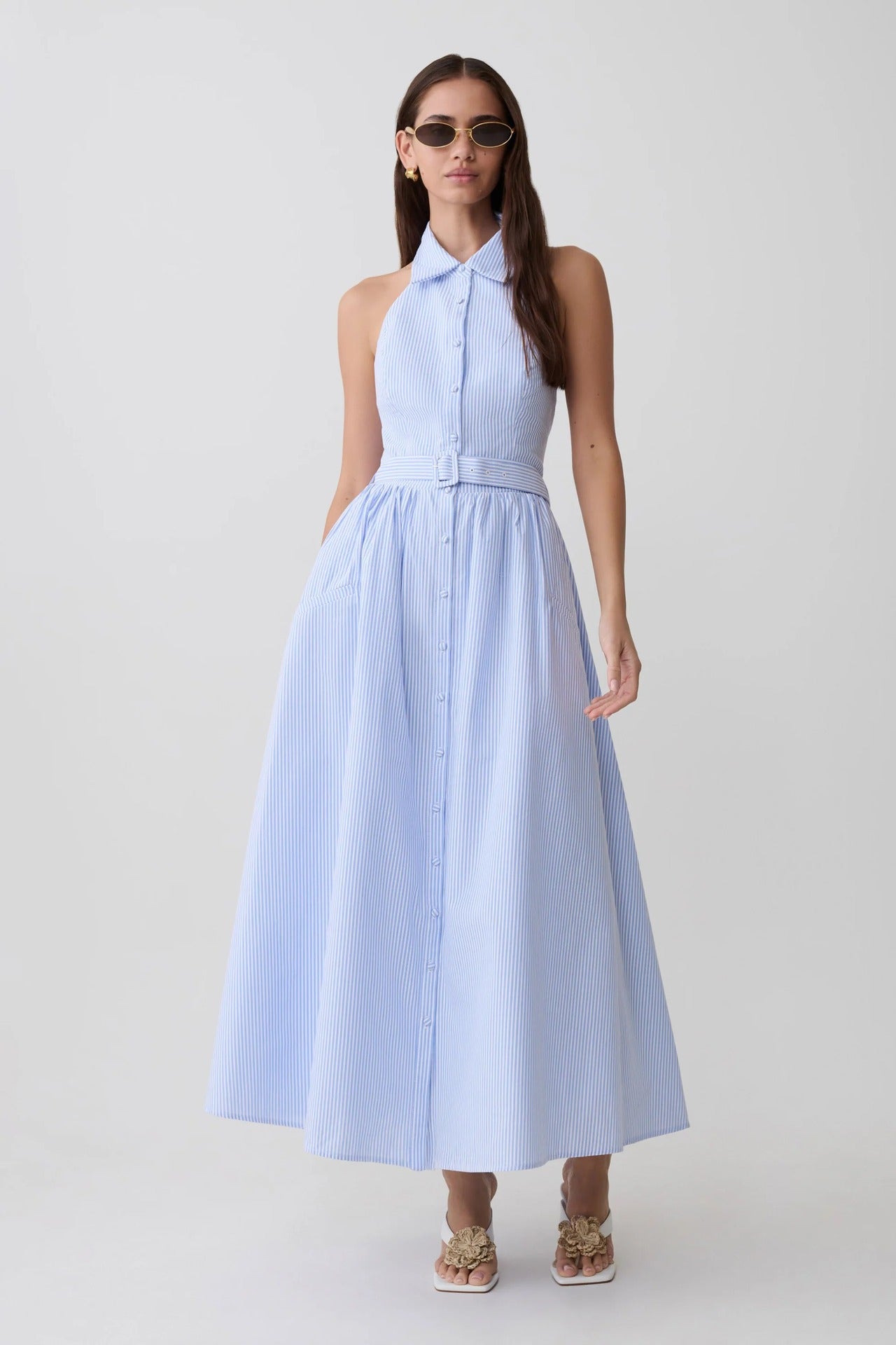 Women's Striped Halter Maxi Shirt Dress