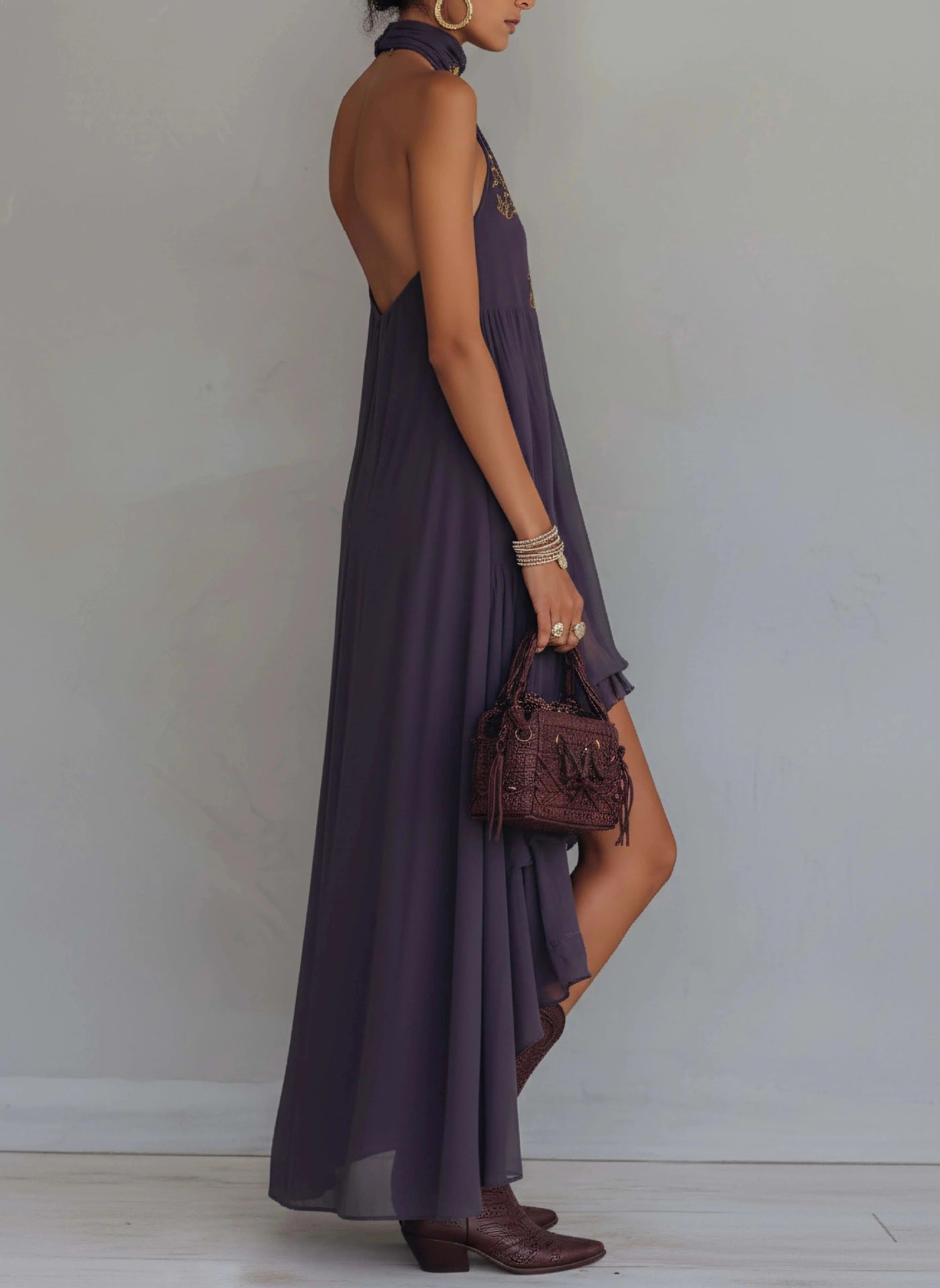 Women's Embroidered Halter High Low Dress