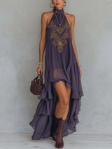 Women's Embroidered Halter High Low Dress