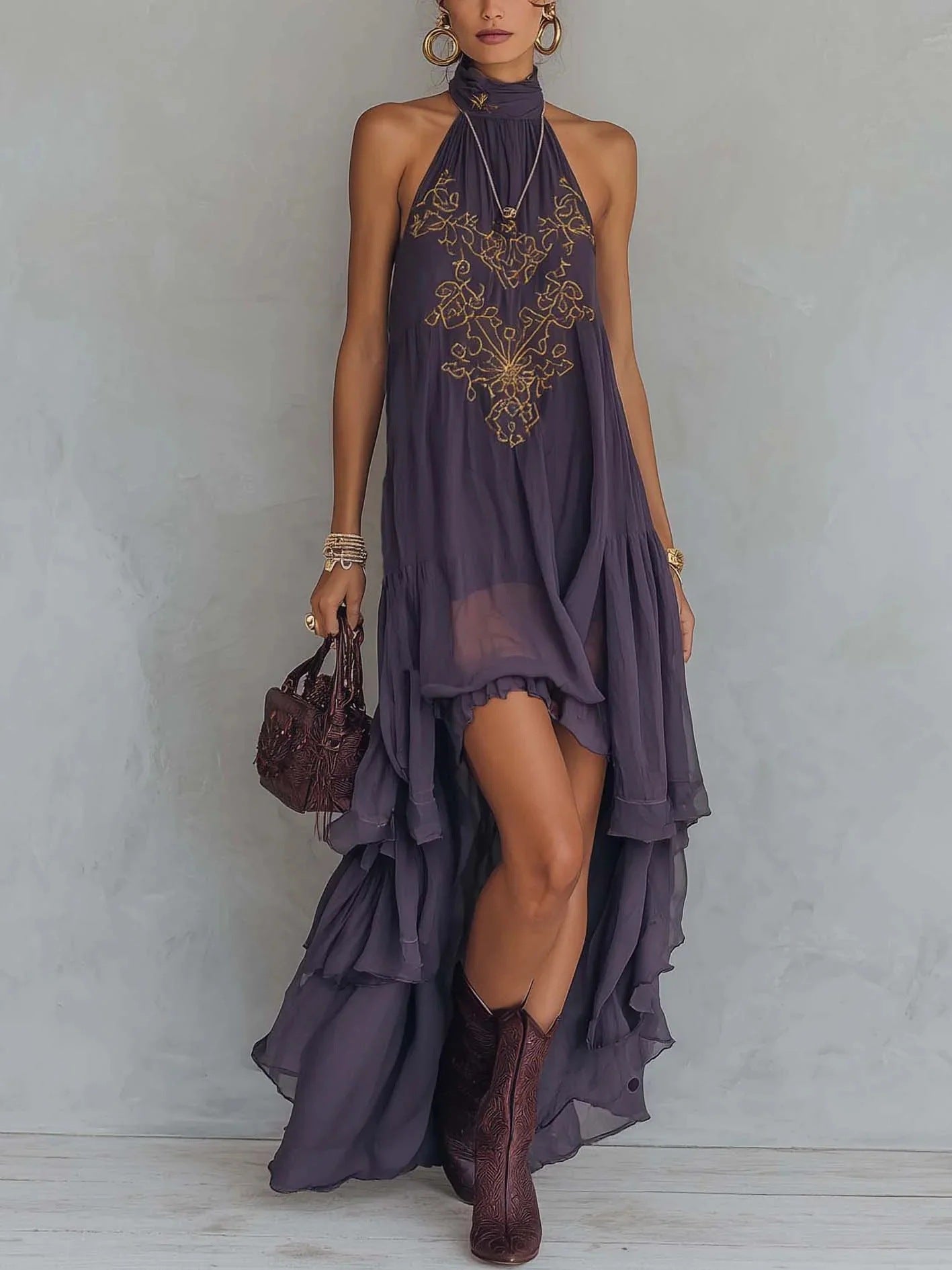 Women's Embroidered Halter High Low Dress