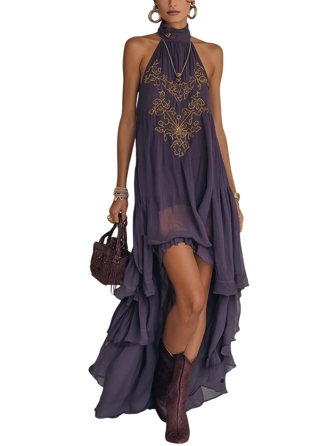Women's Embroidered Halter High Low Dress