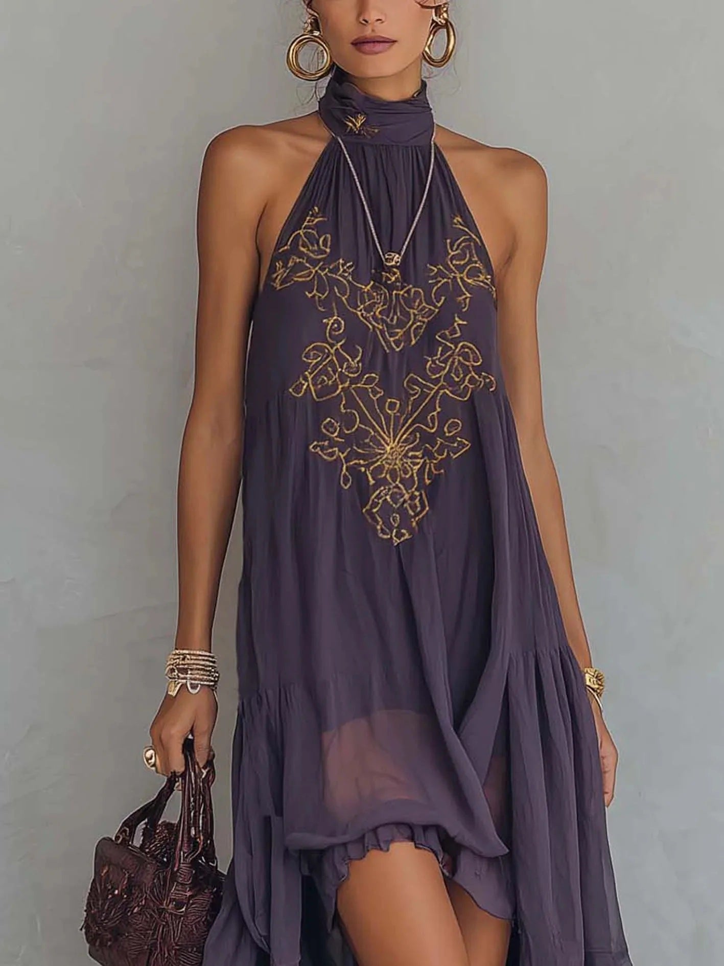 Women's Embroidered Halter High Low Dress