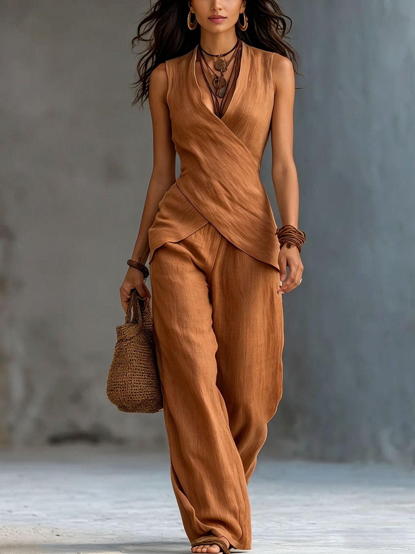 Women's Wrap Top & Wide Leg Pants Set