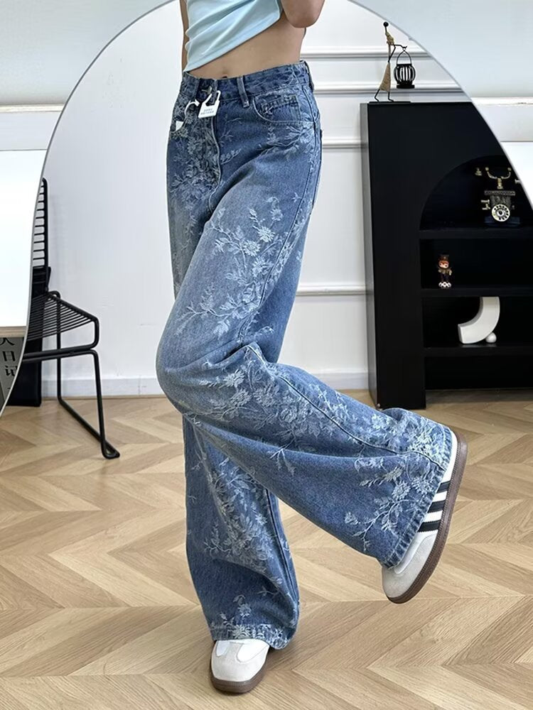 Women's Floral Print Wide Leg Jeans