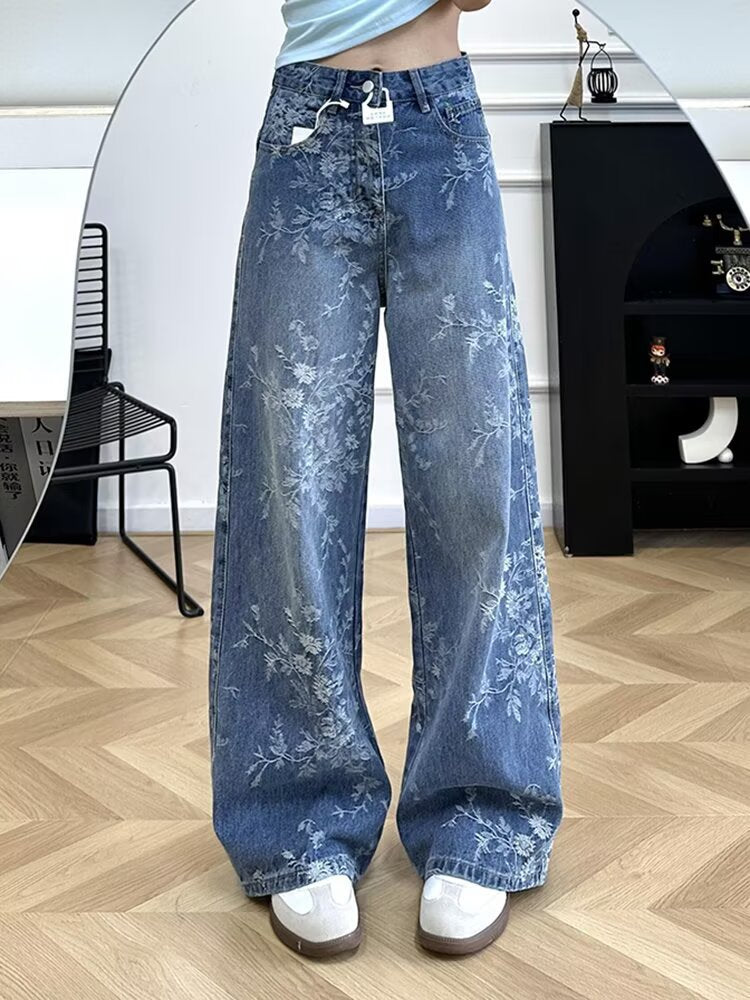 Women's Floral Print Wide Leg Jeans