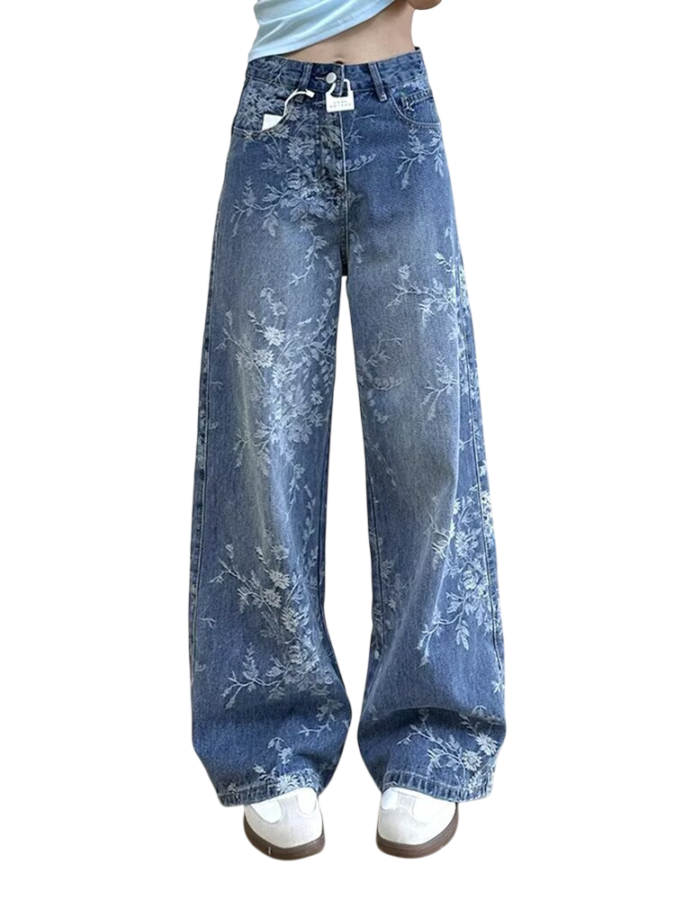 Women's Floral Print Wide Leg Jeans