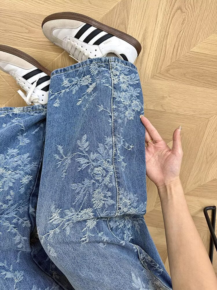 Women's Floral Print Wide Leg Jeans
