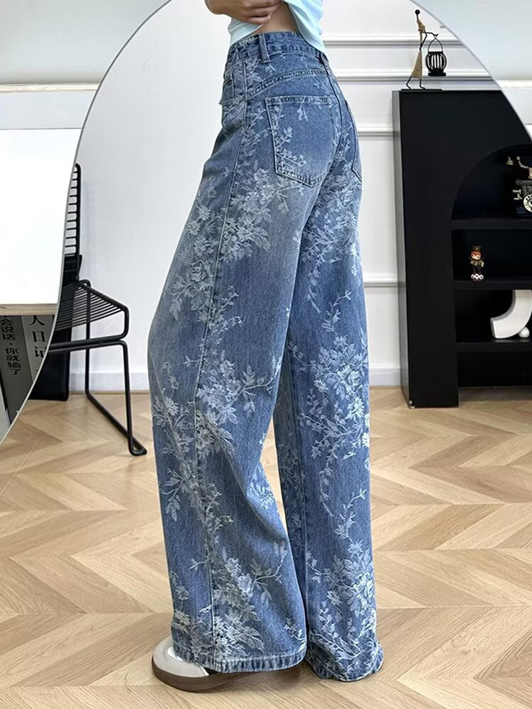 Women's Floral Print Wide Leg Jeans