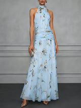 Women's Floral Halter Ruched Maxi Dress